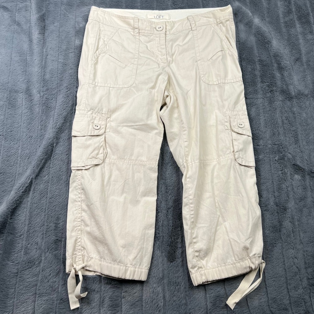 Ann Taylor LOFT Womens 6P Beige Cotton Cargo Capri Pants Cropped Drawstring Hem